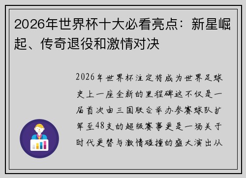 2026年世界杯十大必看亮点:新星崛起、传奇退役和激情对决 2026年世界杯十大必看亮点:新星崛起、传奇退役和激情对决