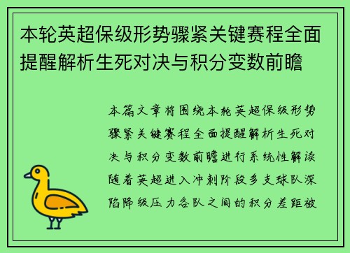 本轮英超保级形势骤紧关键赛程全面提醒解析生死对决与积分变数前瞻